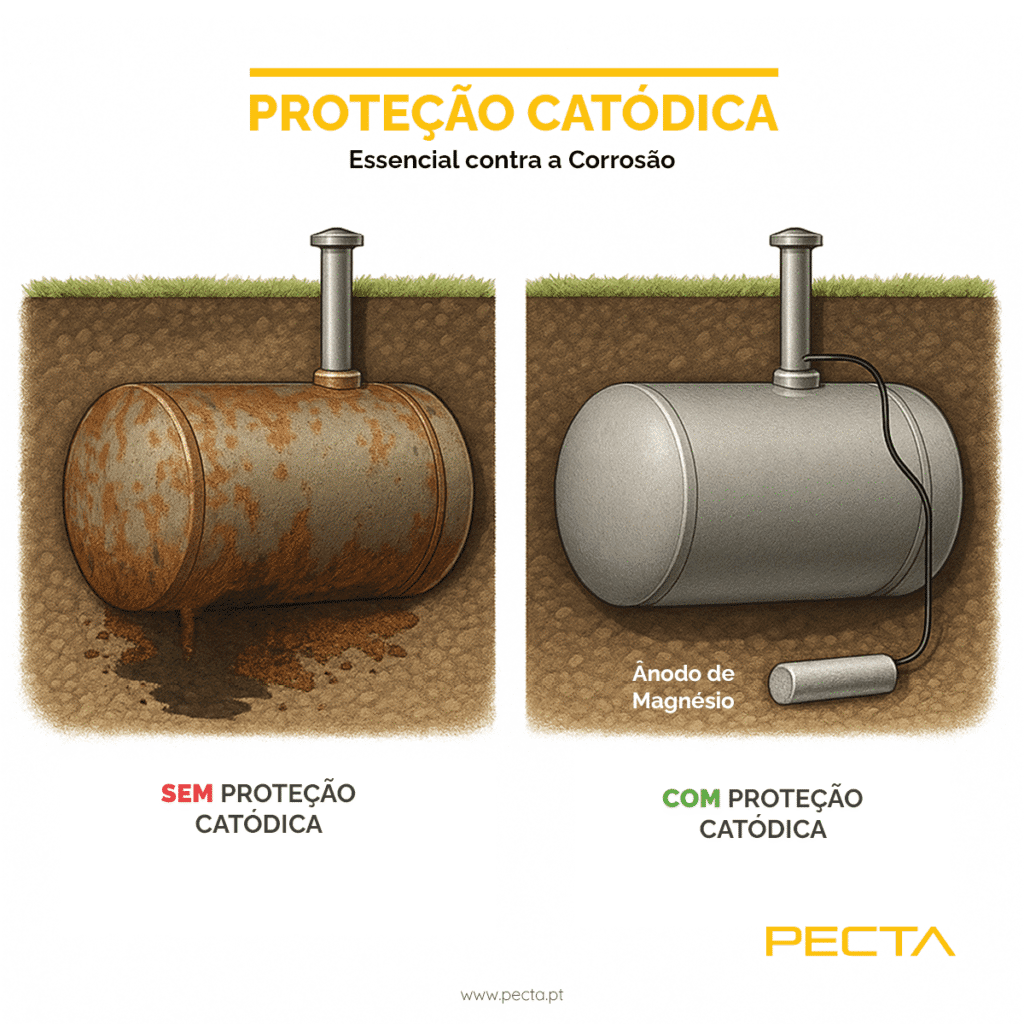 Ilustração de seção transversal técnica lado a lado comparando dois tanques de combustível de aço horizontais subterrâneos, enterrados no solo. À esquerda: um tanque sem proteção catódica — fortemente corroído, com ferrugem visível, degradação do metal e sinais de vazamento para o solo circundante. O rótulo diz "Sem Proteção Catódica". À direita: um tanque de aço limpo, bem preservado e sem corrosão, conectado a um ânodo de magnésio enterrado totalmente visível por meio de um cabo. O rótulo diz "Com Proteção Catódica". O solo é cortado para revelar todos os tanques e ânodos.