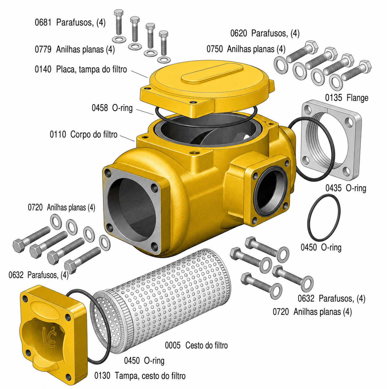 Manutenção de medidores Liquid Controls: boas práticas para maior precisão e durabilidade 5 Vista explodida de filtro strainer Liquid Controls com corpo, tampa, cesto filtrante, flange, o-rings, parafusos e anilhas.